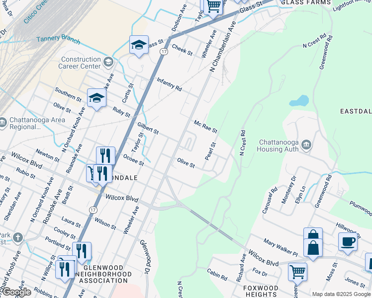 map of restaurants, bars, coffee shops, grocery stores, and more near 1945 Maple Hills Way in Chattanooga