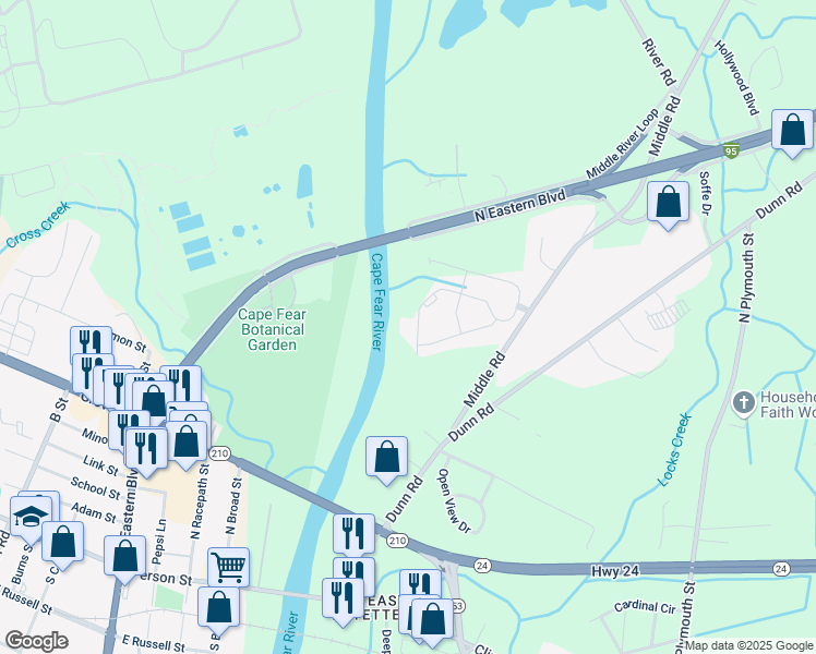 map of restaurants, bars, coffee shops, grocery stores, and more near 1611 Bluffside Drive in Fayetteville