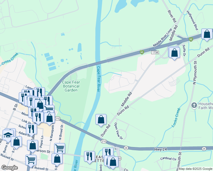 map of restaurants, bars, coffee shops, grocery stores, and more near 1630 Bluffside Drive in Fayetteville