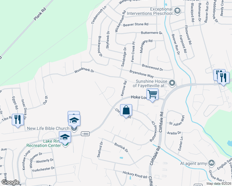 map of restaurants, bars, coffee shops, grocery stores, and more near 6624 Suga Circle in Fayetteville