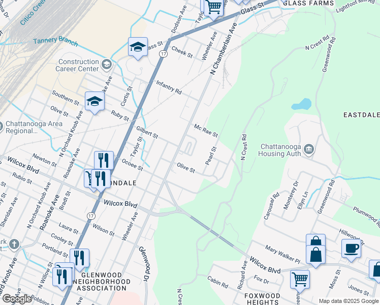 map of restaurants, bars, coffee shops, grocery stores, and more near 1905 Maple Hills Way in Chattanooga