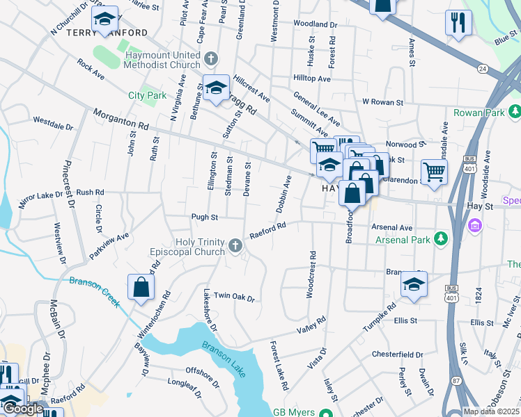 map of restaurants, bars, coffee shops, grocery stores, and more near 209 Devane Street in Fayetteville