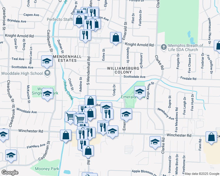 map of restaurants, bars, coffee shops, grocery stores, and more near 5418 Finchwood Avenue in Memphis