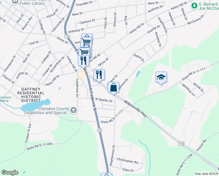 map of restaurants, bars, coffee shops, grocery stores, and more near 209 Wilkinsville Highway in Gaffney