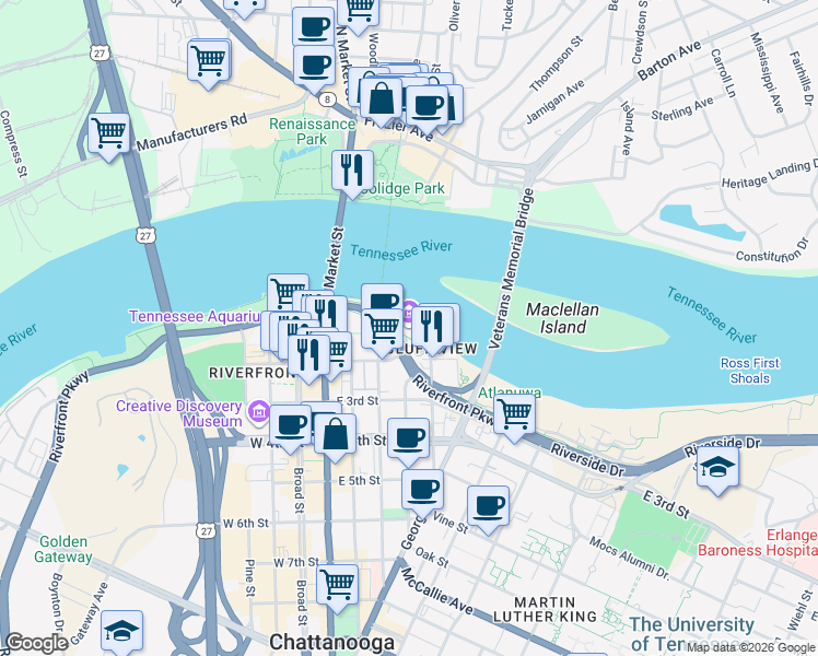 map of restaurants, bars, coffee shops, grocery stores, and more near 10 Bluff View Avenue in Chattanooga