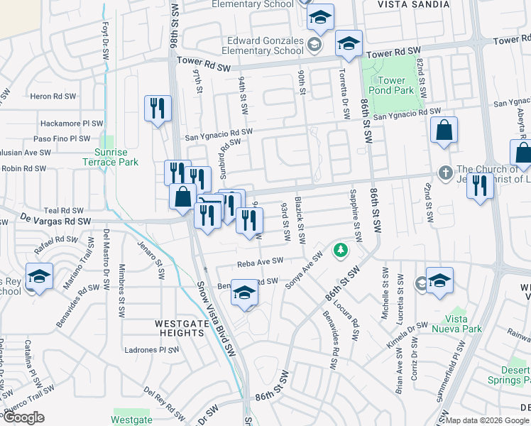 map of restaurants, bars, coffee shops, grocery stores, and more near 9215 Alvera Avenue Southwest in Albuquerque