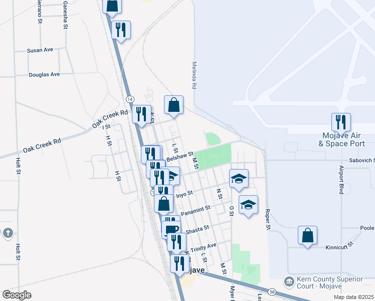 map of restaurants, bars, coffee shops, grocery stores, and more near 16158 L Street in Mojave