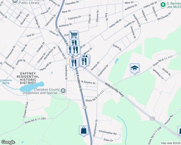 map of restaurants, bars, coffee shops, grocery stores, and more near 209 Wilkinsville Highway in Gaffney