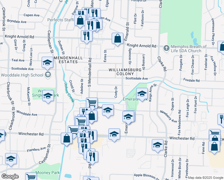 map of restaurants, bars, coffee shops, grocery stores, and more near 5418 Finchwood Avenue in Memphis