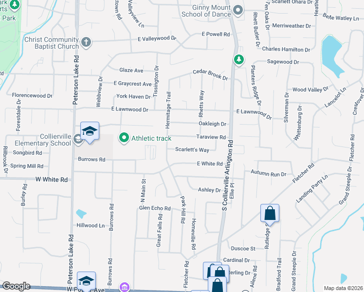 map of restaurants, bars, coffee shops, grocery stores, and more near 300 Scarlett's Way in Collierville