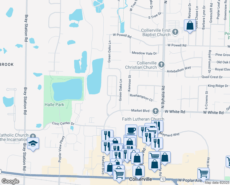 map of restaurants, bars, coffee shops, grocery stores, and more near 607 East Warwick Oaks Lane in Collierville