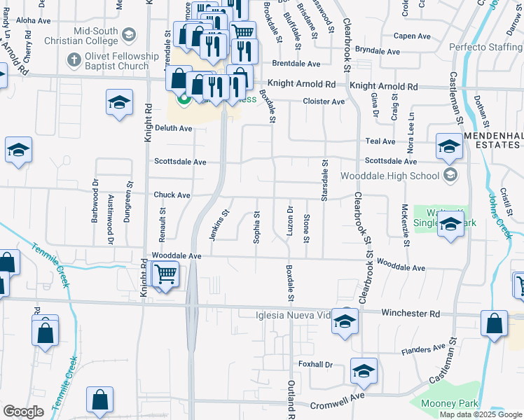 map of restaurants, bars, coffee shops, grocery stores, and more near 3400 Sophia Street in Memphis
