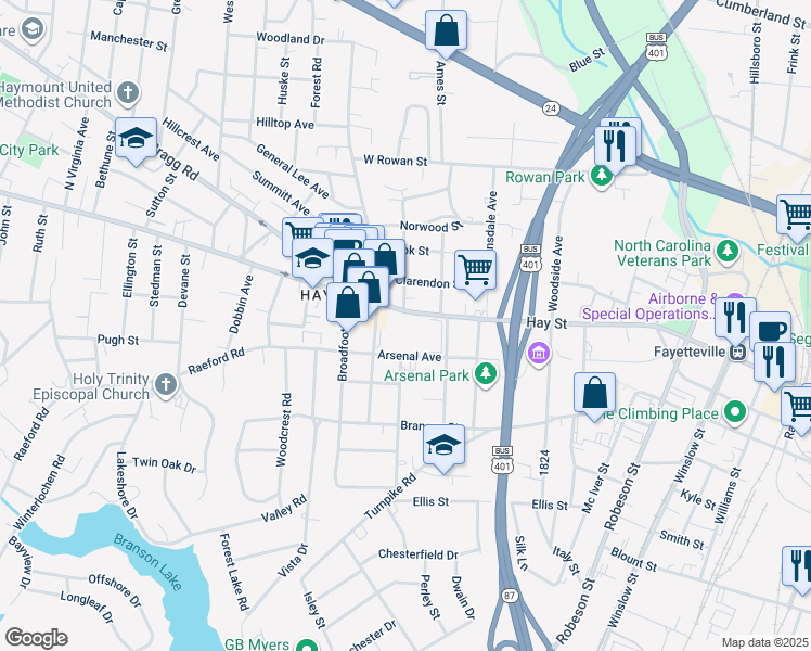 map of restaurants, bars, coffee shops, grocery stores, and more near 1019 Hay Street in Fayetteville