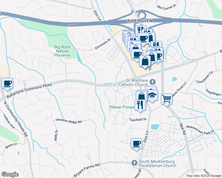 map of restaurants, bars, coffee shops, grocery stores, and more near 11230 Foxhaven Drive in Charlotte