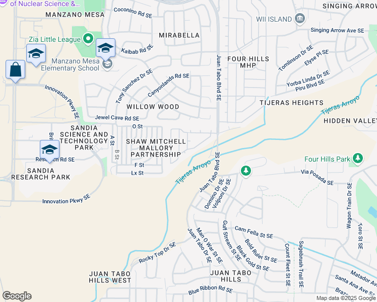 map of restaurants, bars, coffee shops, grocery stores, and more near 1053 Colt Lane Southeast in Albuquerque