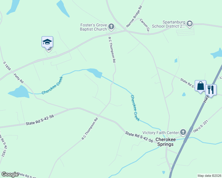 map of restaurants, bars, coffee shops, grocery stores, and more near 323 R C Thompson Road in Chesnee