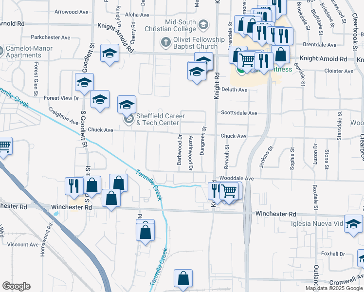 map of restaurants, bars, coffee shops, grocery stores, and more near 3396 Barbwood Drive in Memphis