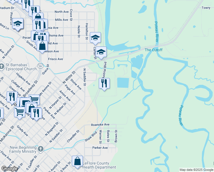 map of restaurants, bars, coffee shops, grocery stores, and more near 400 Industrial Boulevard in Poteau