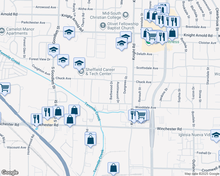 map of restaurants, bars, coffee shops, grocery stores, and more near 3373 Barbwood Drive in Memphis