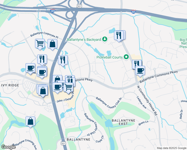 map of restaurants, bars, coffee shops, grocery stores, and more near 13024 Ballantyne Corporate Place in Charlotte
