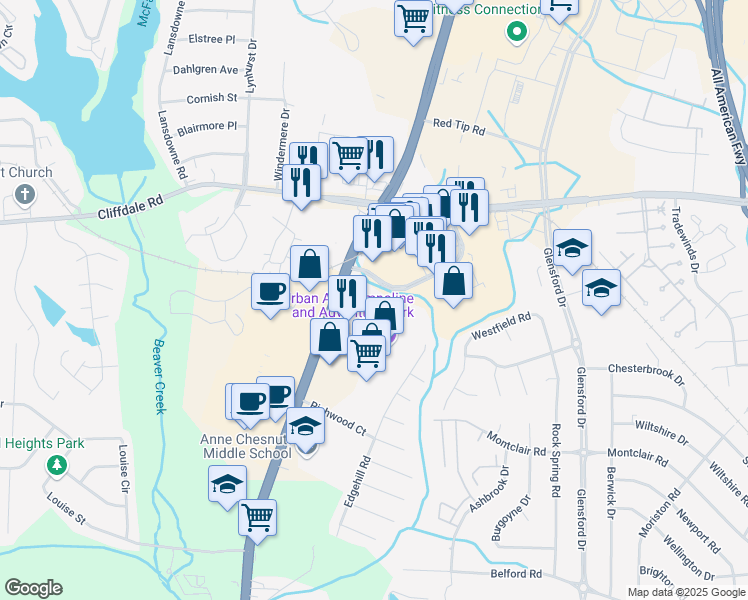 map of restaurants, bars, coffee shops, grocery stores, and more near 5876 Leisure Lane in Fayetteville