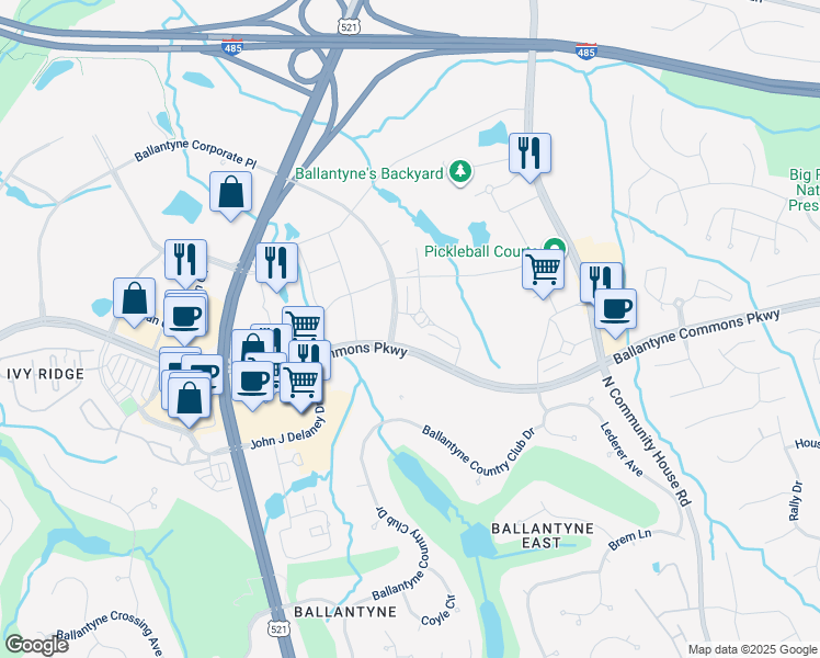 map of restaurants, bars, coffee shops, grocery stores, and more near 13024 Ballantyne Corporate Place in Charlotte