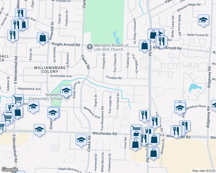 map of restaurants, bars, coffee shops, grocery stores, and more near 5730 Scottsdale Avenue in Memphis