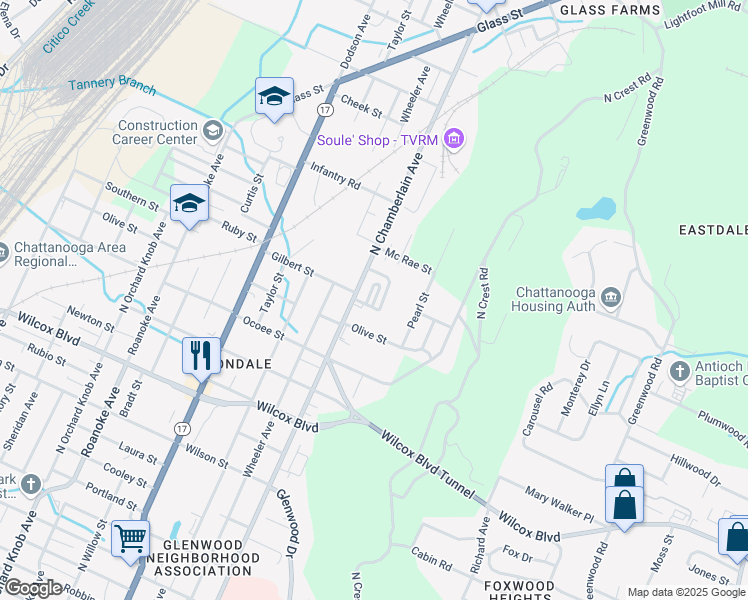 map of restaurants, bars, coffee shops, grocery stores, and more near 1985 Maple Hills Way in Chattanooga