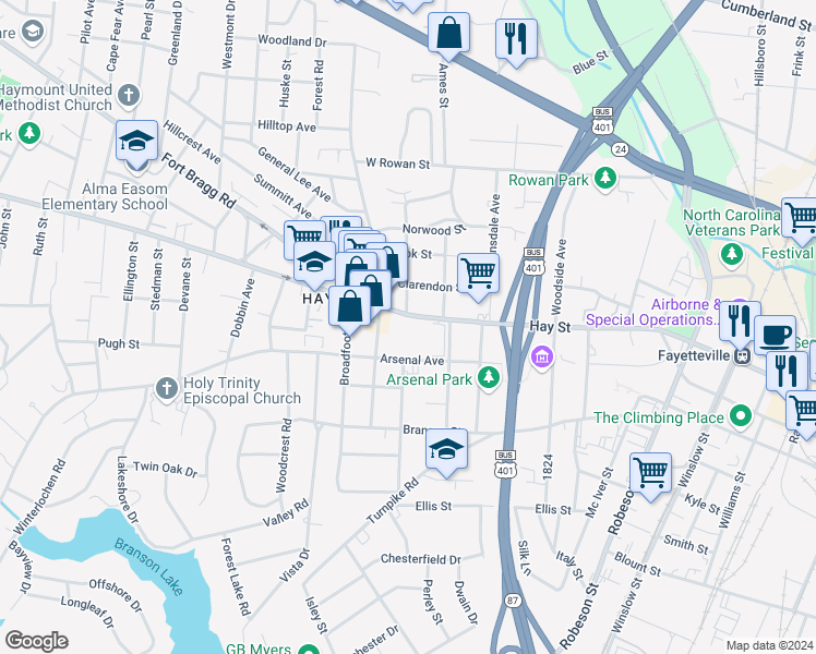 map of restaurants, bars, coffee shops, grocery stores, and more near 1019 Hay Street in Fayetteville
