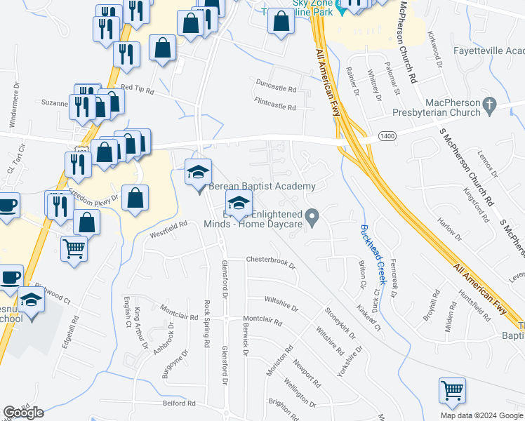 map of restaurants, bars, coffee shops, grocery stores, and more near 4509 Keg Court in Fayetteville