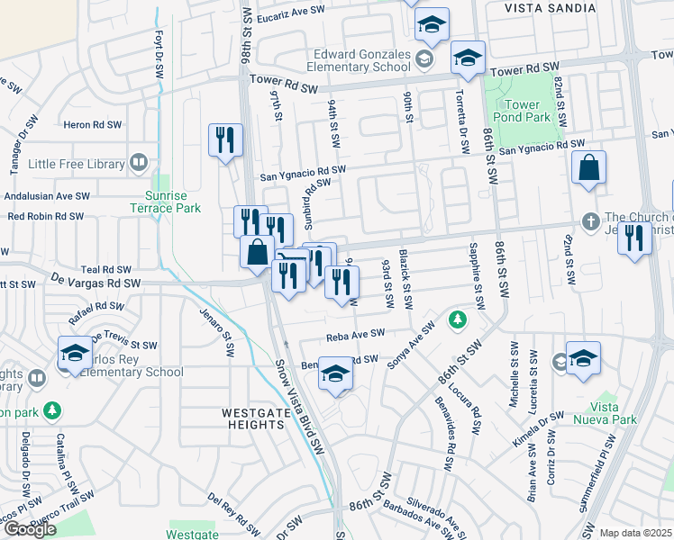 map of restaurants, bars, coffee shops, grocery stores, and more near 9401 Alvera Court Southwest in Albuquerque
