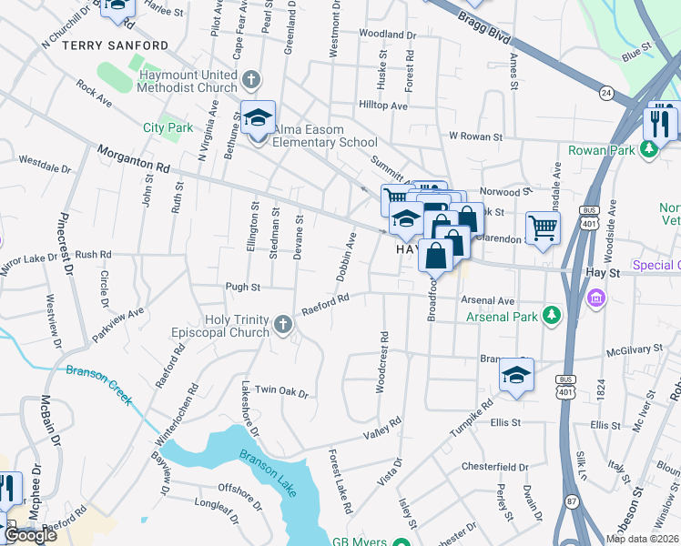 map of restaurants, bars, coffee shops, grocery stores, and more near in Fayetteville
