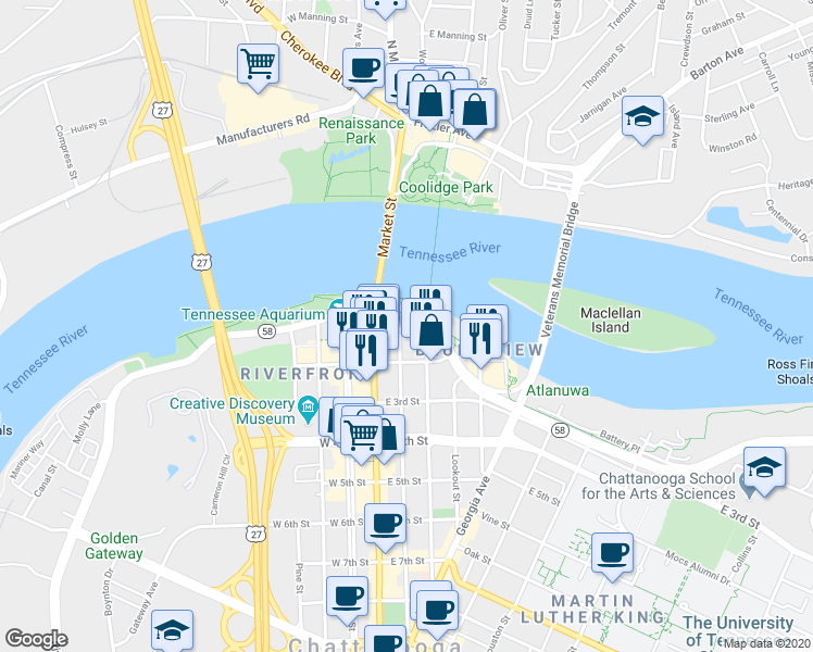 map of restaurants, bars, coffee shops, grocery stores, and more near 99 Walnut Street in Chattanooga