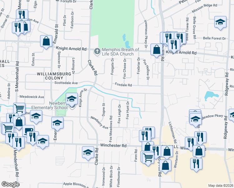 map of restaurants, bars, coffee shops, grocery stores, and more near 5730 Scottsdale Avenue in Memphis