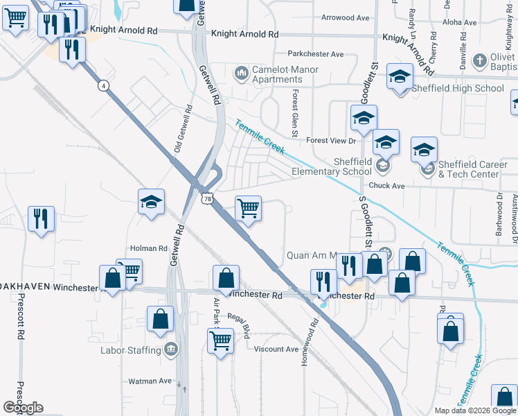 map of restaurants, bars, coffee shops, grocery stores, and more near 4056 Clearpool Circle Road in Memphis