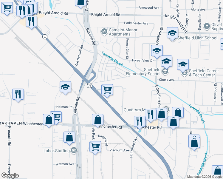 map of restaurants, bars, coffee shops, grocery stores, and more near 4056 Clearpool Circle Road in Memphis