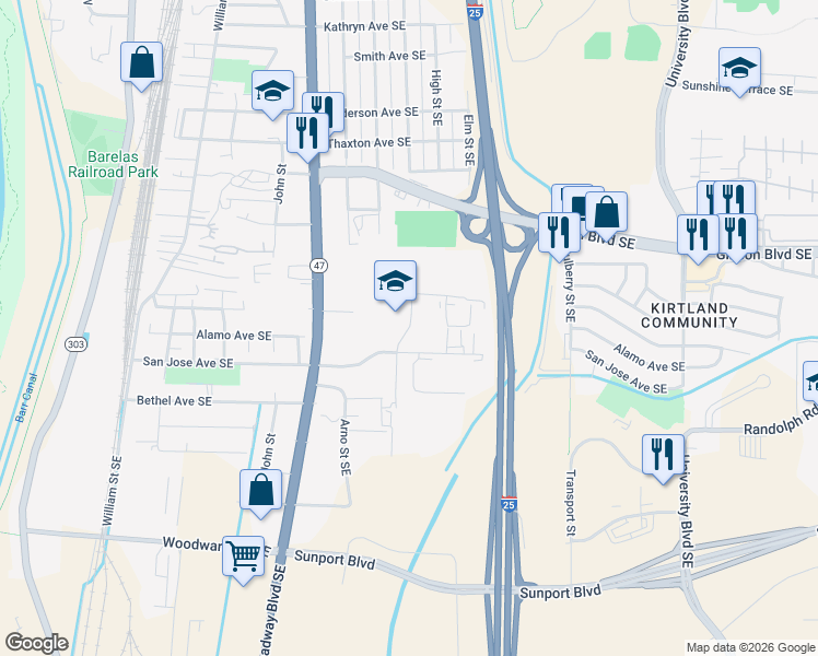 map of restaurants, bars, coffee shops, grocery stores, and more near 2540 Karsten Court Southeast in Albuquerque