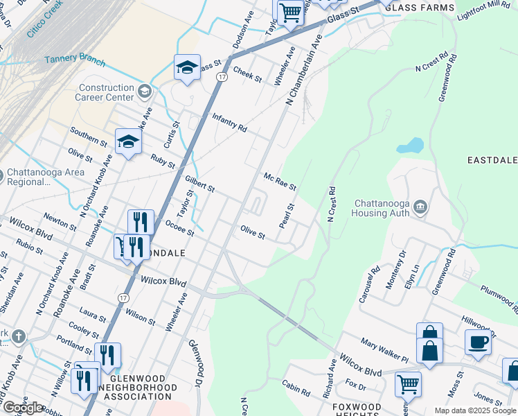 map of restaurants, bars, coffee shops, grocery stores, and more near 1921 Maple Hills Way in Chattanooga