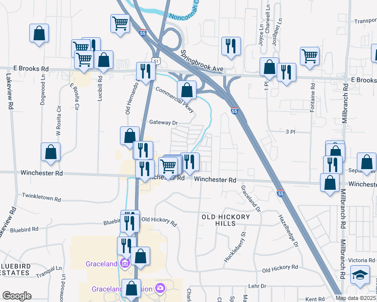 map of restaurants, bars, coffee shops, grocery stores, and more near 1305 Turkey Run Lane in Memphis