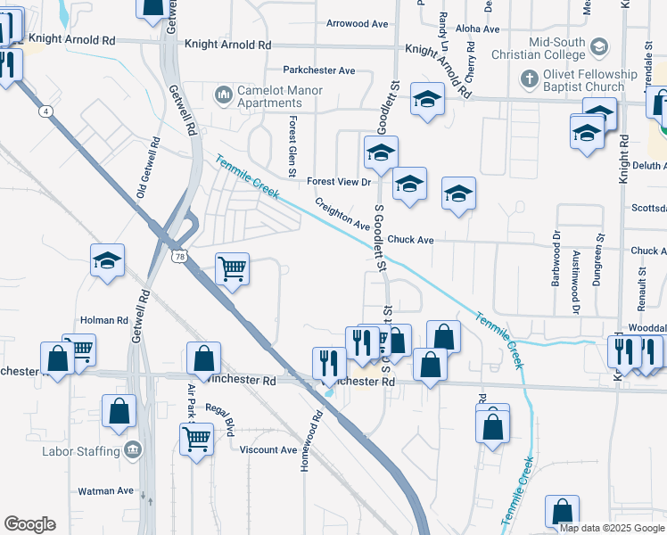 map of restaurants, bars, coffee shops, grocery stores, and more near 4184 Devel Street in Memphis