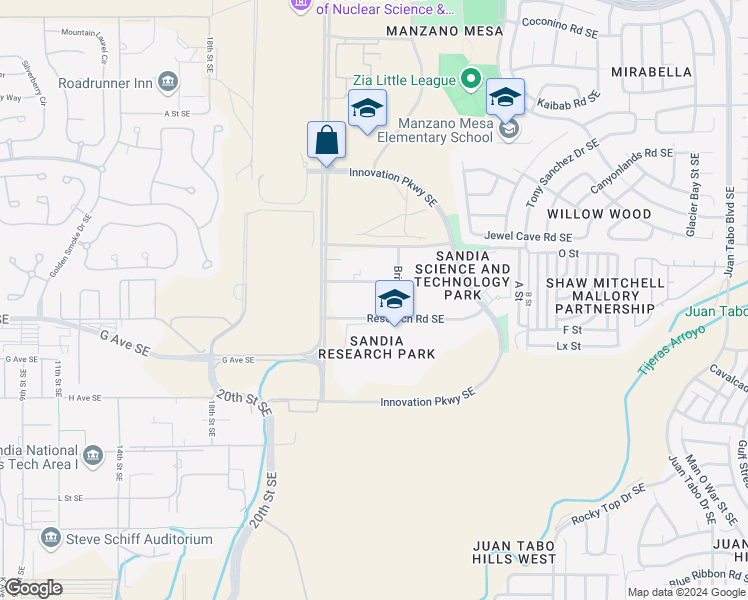 map of restaurants, bars, coffee shops, grocery stores, and more near 10421 Research Road Southeast in Albuquerque
