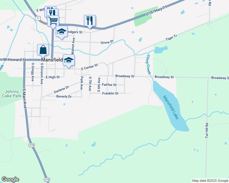 map of restaurants, bars, coffee shops, grocery stores, and more near 901 Fairfax Street in Mansfield
