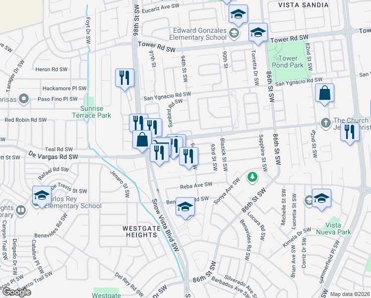 map of restaurants, bars, coffee shops, grocery stores, and more near 9401 Alvera Court Southwest in Albuquerque
