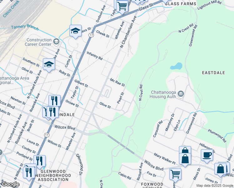 map of restaurants, bars, coffee shops, grocery stores, and more near 1901 Pearl Street in Chattanooga