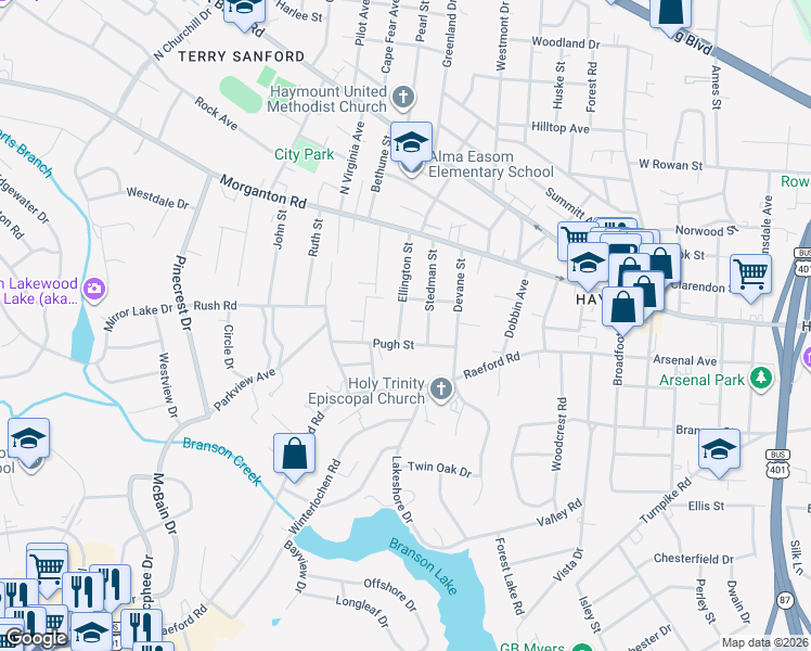 map of restaurants, bars, coffee shops, grocery stores, and more near 207 Ellington Street in Fayetteville