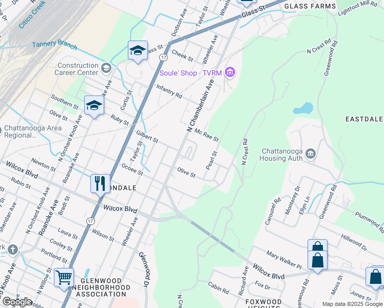 map of restaurants, bars, coffee shops, grocery stores, and more near 1929 Maple Hills Way in Chattanooga