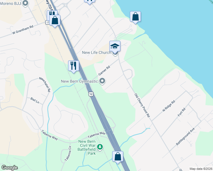 map of restaurants, bars, coffee shops, grocery stores, and more near 425 Garner Road in New Bern