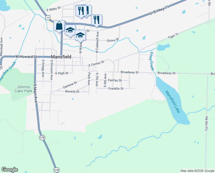 map of restaurants, bars, coffee shops, grocery stores, and more near 404 South 6th Avenue in Mansfield