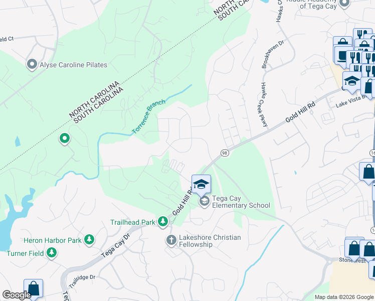 map of restaurants, bars, coffee shops, grocery stores, and more near 3016 Deer Creek Drive in Fort Mill