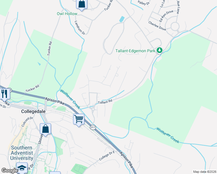 map of restaurants, bars, coffee shops, grocery stores, and more near 5341 College View Drive in Ooltewah